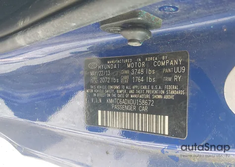 2013 Hyundai Veloster Base W/Black из США, поврежденный, VIN KMHTC6ADXDU158672